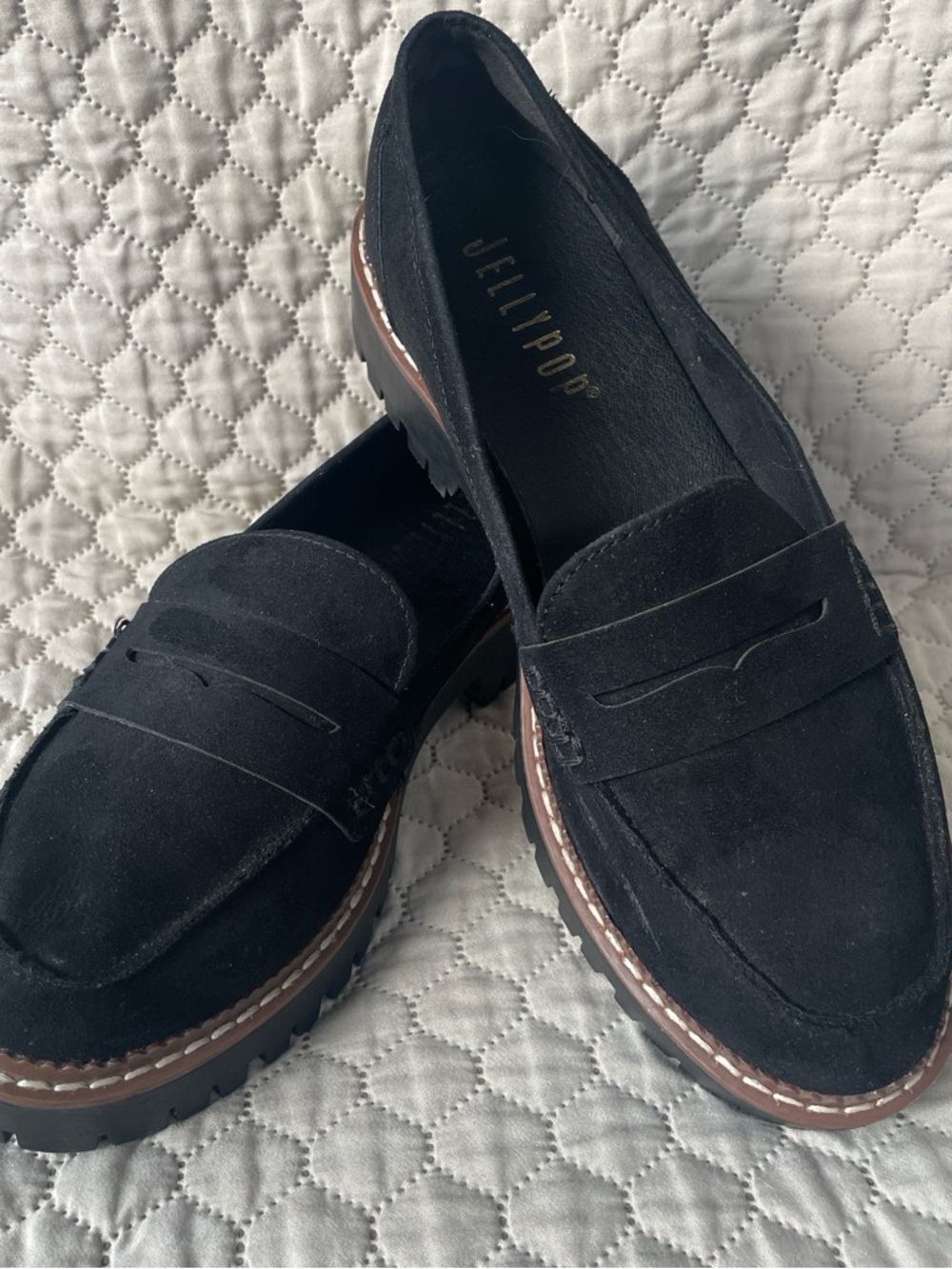 Jellypop Black Suede Lug Sole Penny Loafers